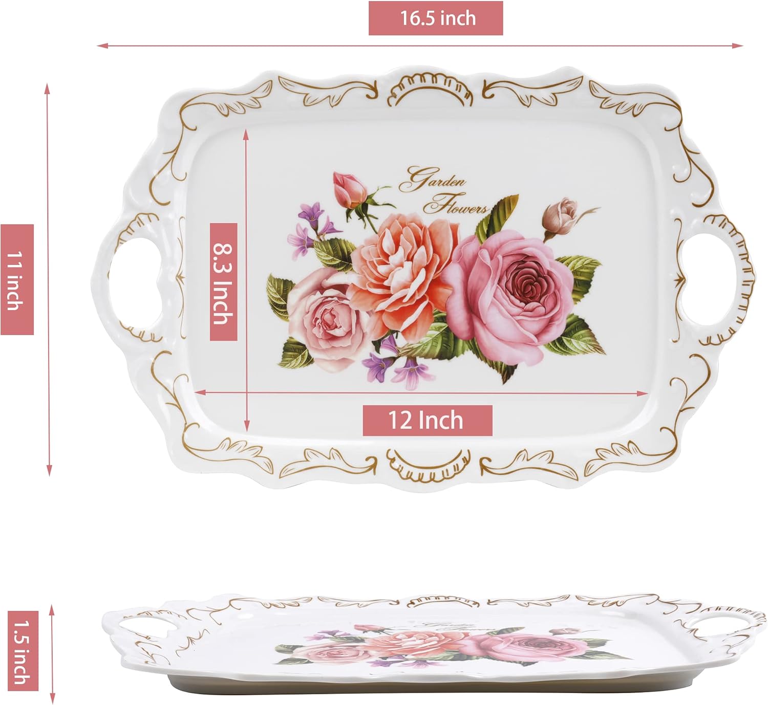 Nicunom 3 Pack Serving Trays with Handles, 16" L x 11" W Rectangular Trays for Eating, Melamine Serving Platters for Party, Floral Tray for Serving Food, Cookies, Desserts, Great Gift - Image 2