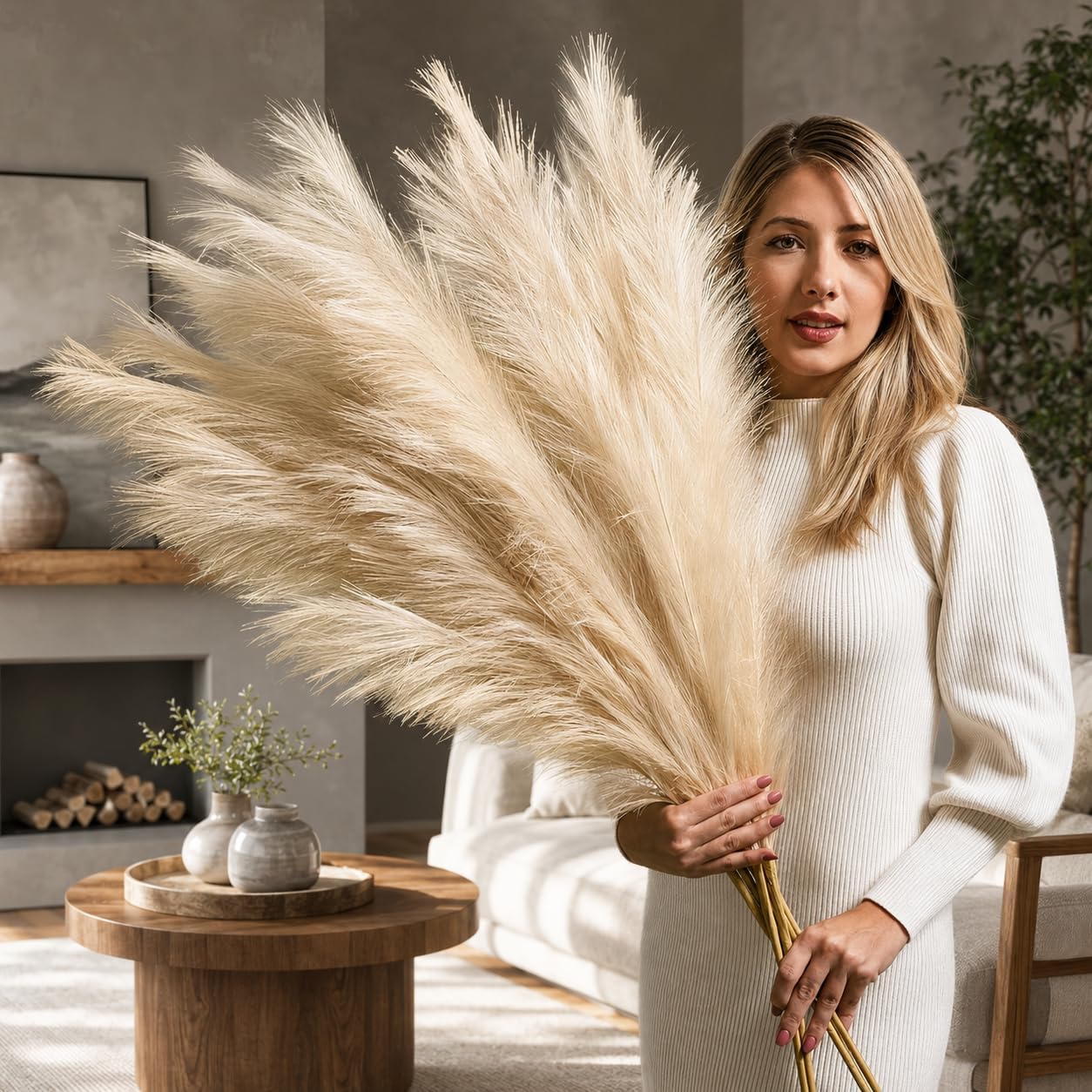 Beige Tall Pampas Grass Artificial, 3x 115cm Stems of Extra Large, Full & Fluffy Faux Pampas Grass for Tall Vases Floor Standing, Bendable Fake Pampas Grass Decor