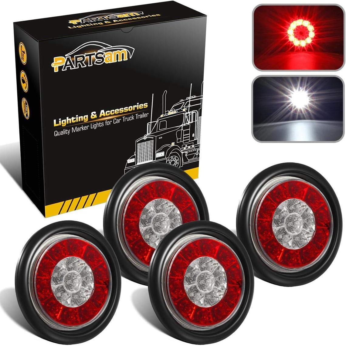 Partsam 4Pcs 4" Inch Round LED Trailer Tail Lights with Backup Reverse Lights 16LED Waterproof Stop Brake Tail Running Utility Lights Lamps DC 12V Sealed, Hardwired with Grommet (Not Plug and Play)