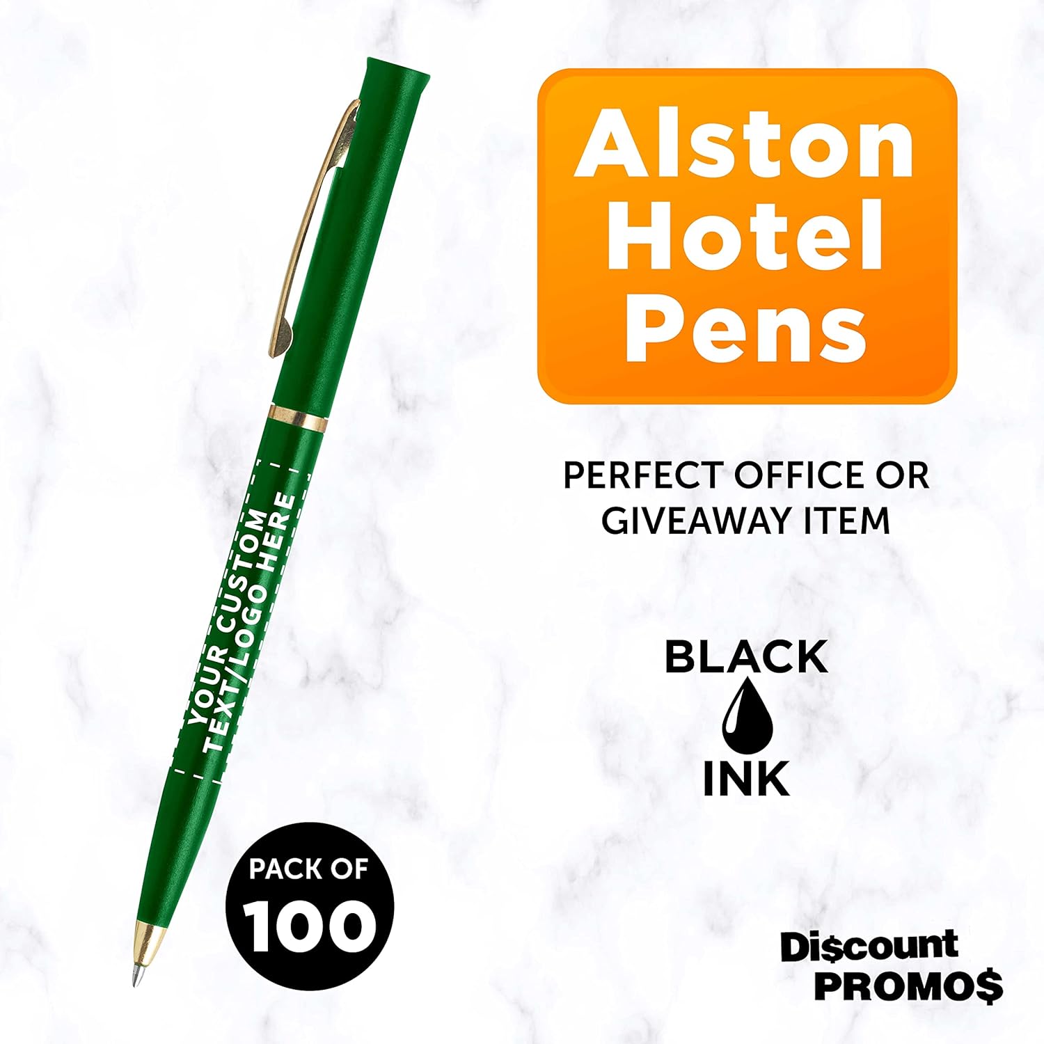 DISCOUNT PROMOS Personalized Alston Hotel Pens - 100 pack - Plastic Pens - Customizable Text, Logo - Green