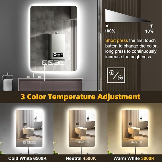 50×70cm Bluetooth Bathroom Mirror with Led Lights and Dual Touch Switch, Wall Mounted Vanity, Anti-fog, 3 Colors Dimmable Light, Rectangle Demister Mirror with Backlit Lights for Bathroom