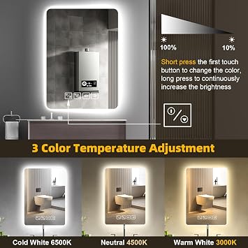 50×70cm Bluetooth Bathroom Mirror with Led Lights and Dual Touch Switch, Wall Mounted Vanity, Anti-fog, 3 Colors Dimmable Light, Rectangle Demister Mirror with Backlit Lights for Bathroom