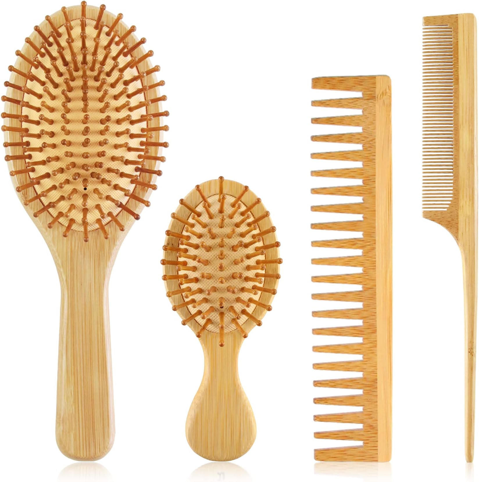 4 PCS Bamboo Hair Brush Set With Natural Wooden Wide-tooth and Tail Comb Big and Mini Paddle Detangling Hairbrush for Women men kids and Baby Thick Thin Curly Straight Dry