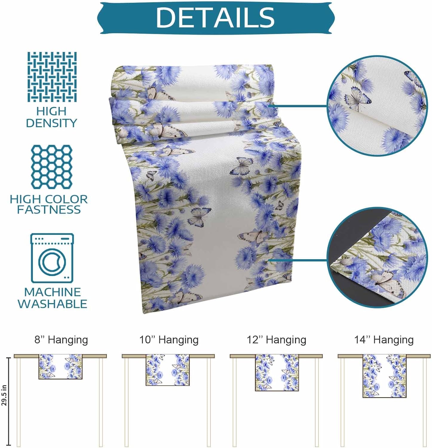 Linen Table Runner, Spring Farmhouse Style Plant Blue Flowers Butterfly Table Runners for Catering Events, Dinner Parties, Wedding, Spring Holiday, Indoor Outdoor Parties - 13x70 inch