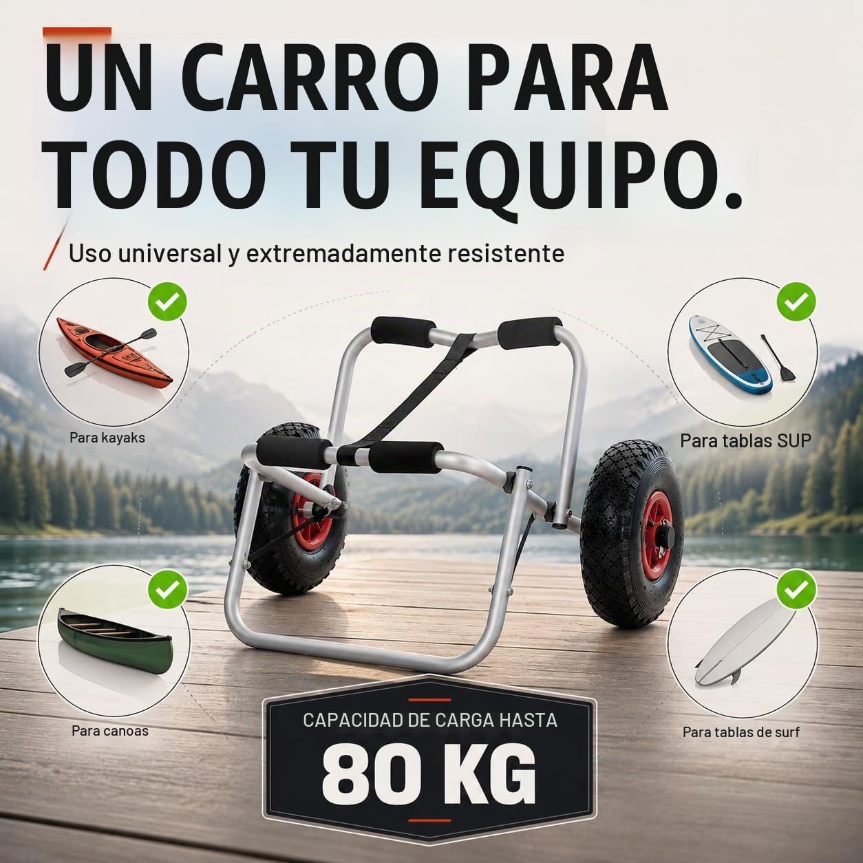 Brunelli Carro para kayak, canoa, plegable, para barco, kayak, canoa, barco, accesorios, carga de 80 kg