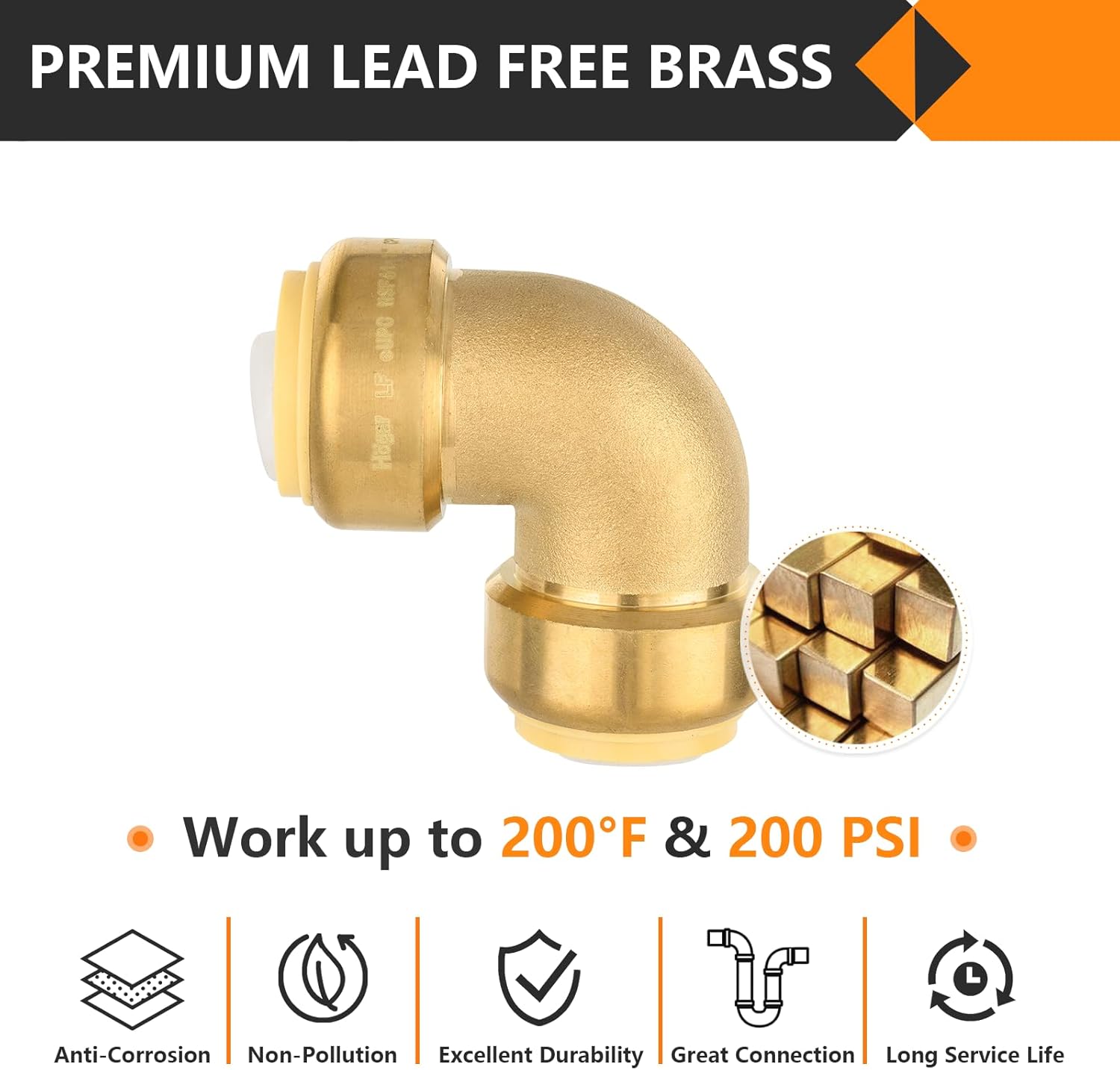 2-Pack HeSun Pushfit 90 Degree Elbow, 1" x 1" Push to Connect Plumbing Fittings with Disconnect Clip, Brass Push-fit Fittings for PEX, Copper, CPVC, PE-RT Pipes(PF050-2)