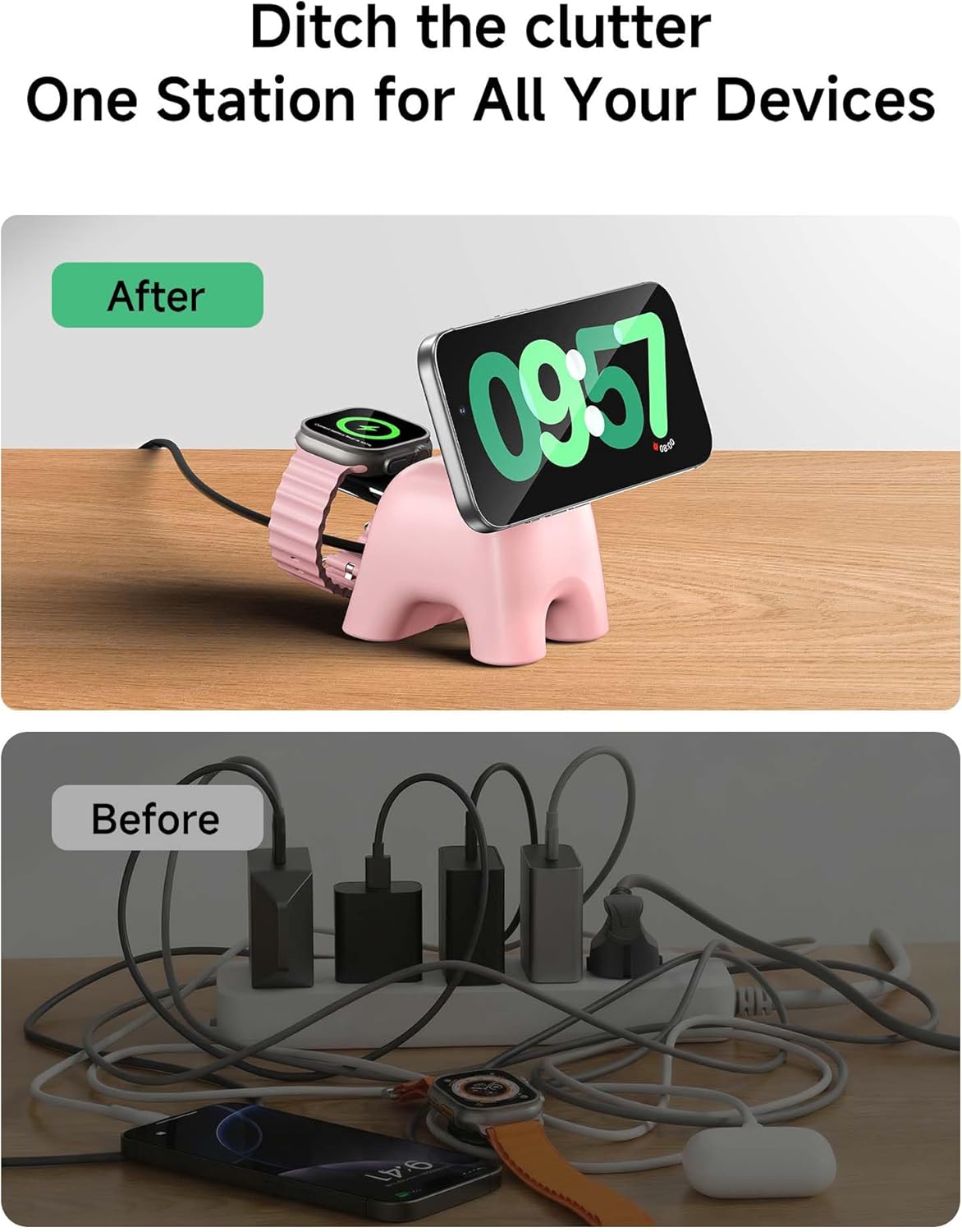 Foldable Wireless Charging Station, 15W Magnetic Fast Charger Stand for iPhone 17 16 15 14 13 12 Pro Max&Apple Watch&Airpods, 2-in-1 Charger for Home/Office/Travel(30W Adapter Included)