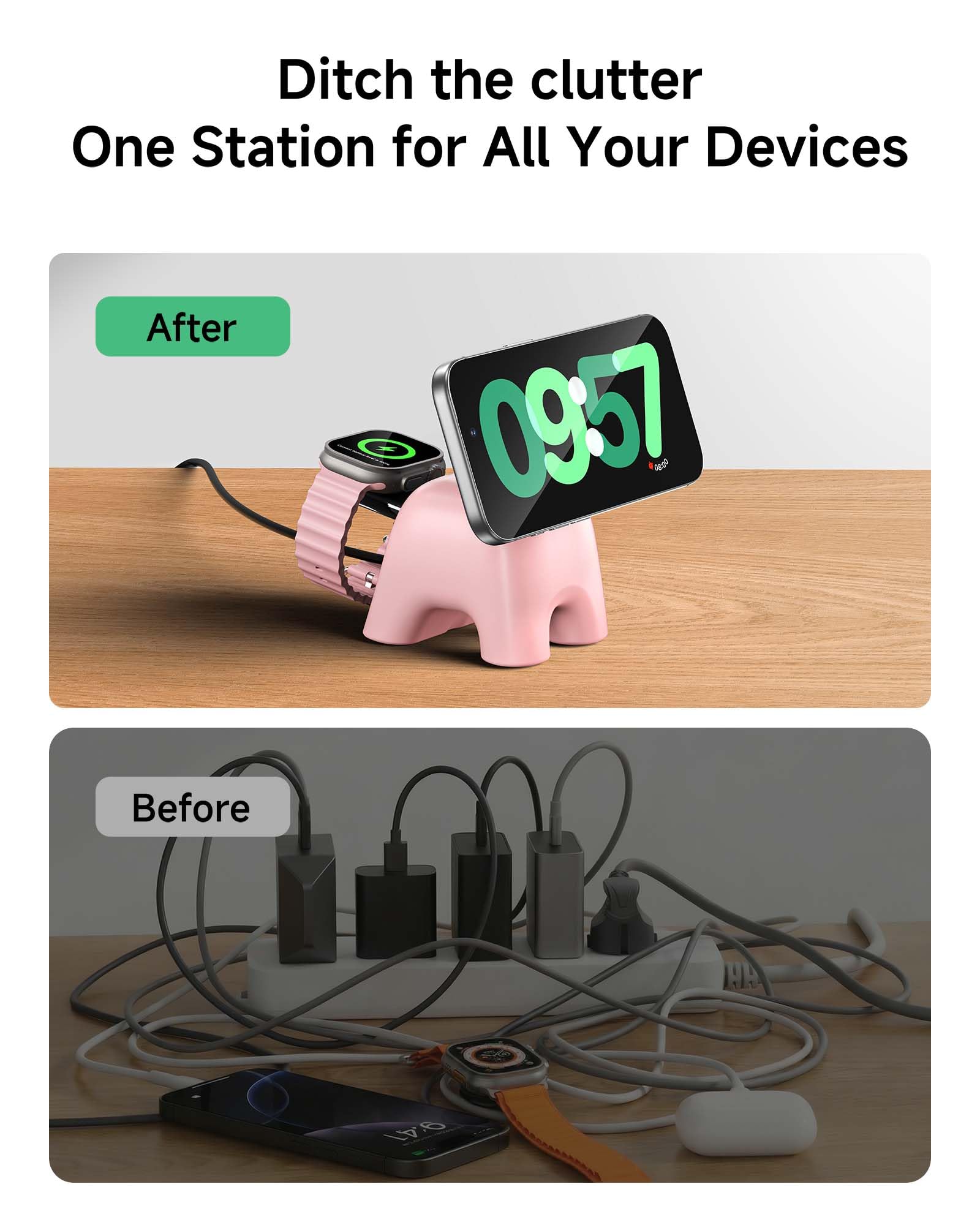 AOK-AOK Faltbare kabellose Ladestation, 15 W Schnellladestation für iPhone 17, 16, 15, 14, 13, 12 Pro Max, Apple Watch und Airpods, 2-in-1-Ladegerät für Zuhause/Büro