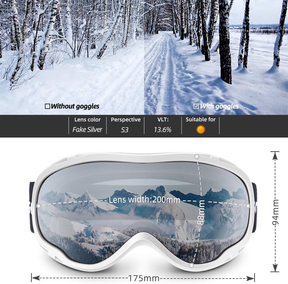 Ski Goggles Over Glasses-Ski Snowboard Snowmobile Goggles for Men Women Adult, Anti Fog 100% UV Protection image 2