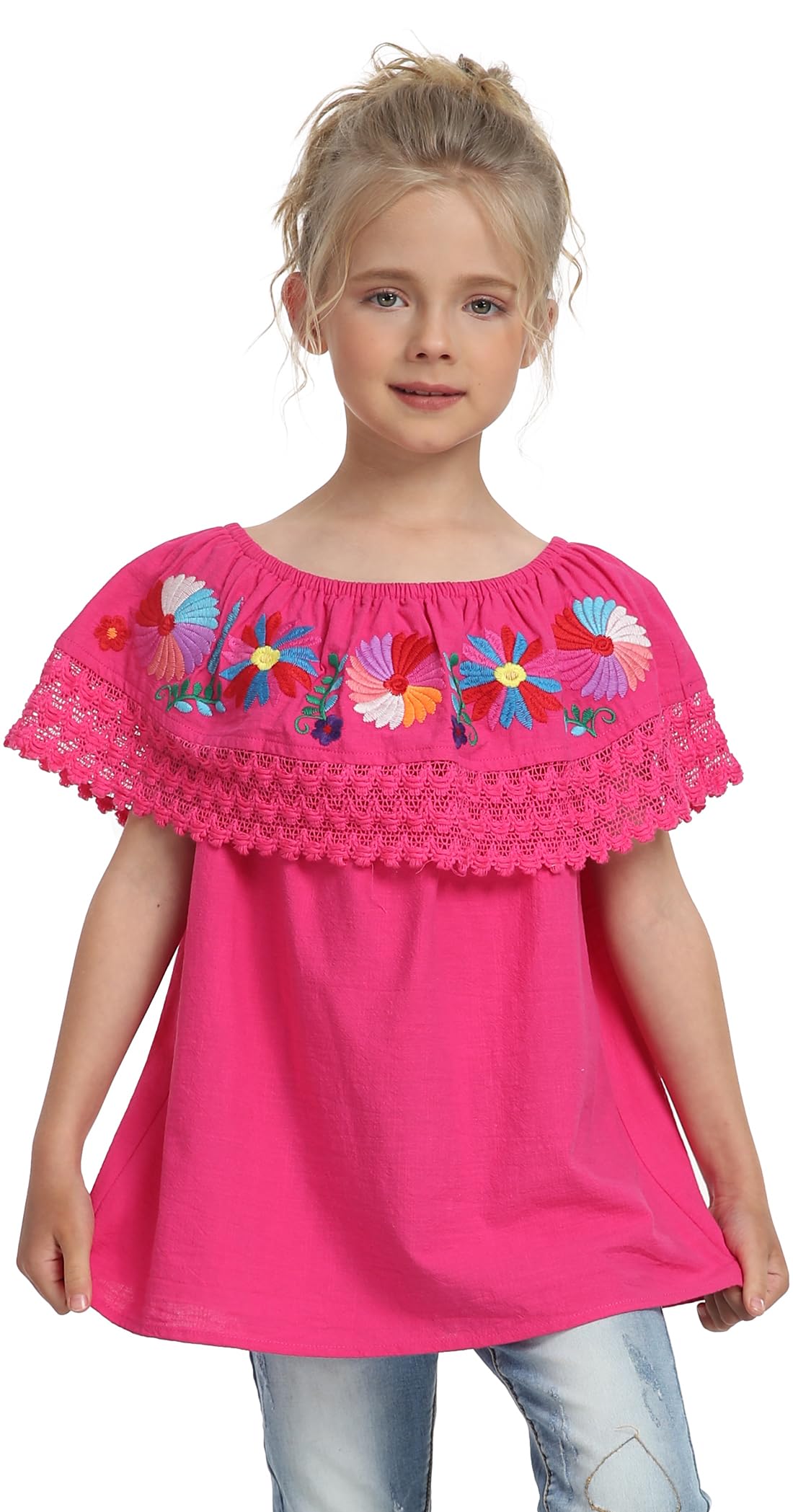 YZXDORWJ Mexican Blouse for Girls Traditional Embroidered Youth Kids Shirts Off the Shoulder Ruffle Lace Peasant Blouse