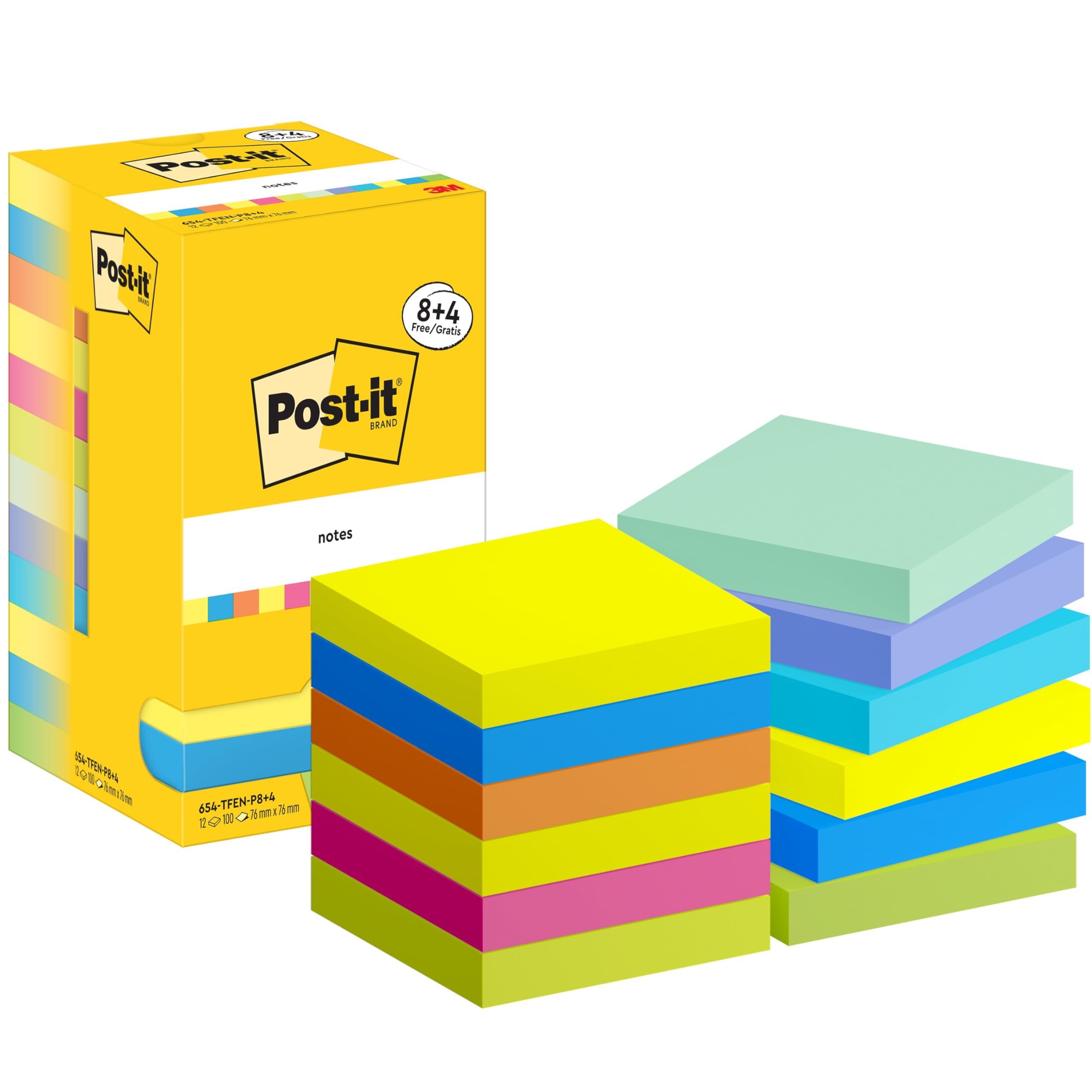 Post-it Notes Energetic Color Collection, 8 + 4 Free Pads, 100 Sheets per Pad, 76 mm x 76 mm, Yellow, Blue, Orange, Pink, Green Colors - Self-Stick Notes for Note Taking, to Do Lists & Reminders