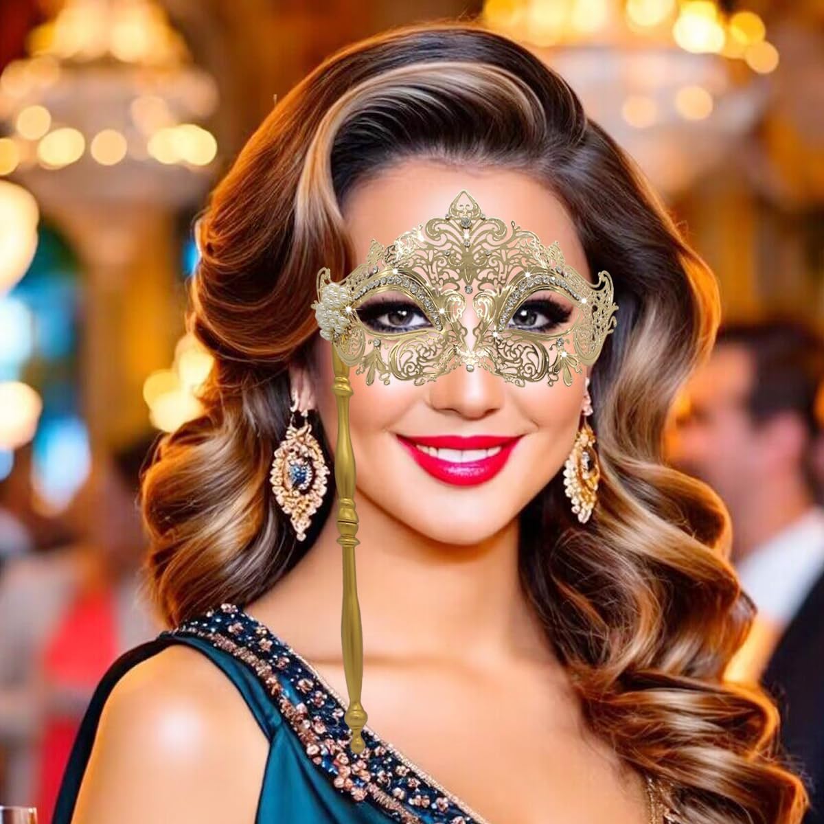 Venetian Metal Masks for Womens,Masquerade Mask with Stick,Mardi Gras Cosplay Party Mask
