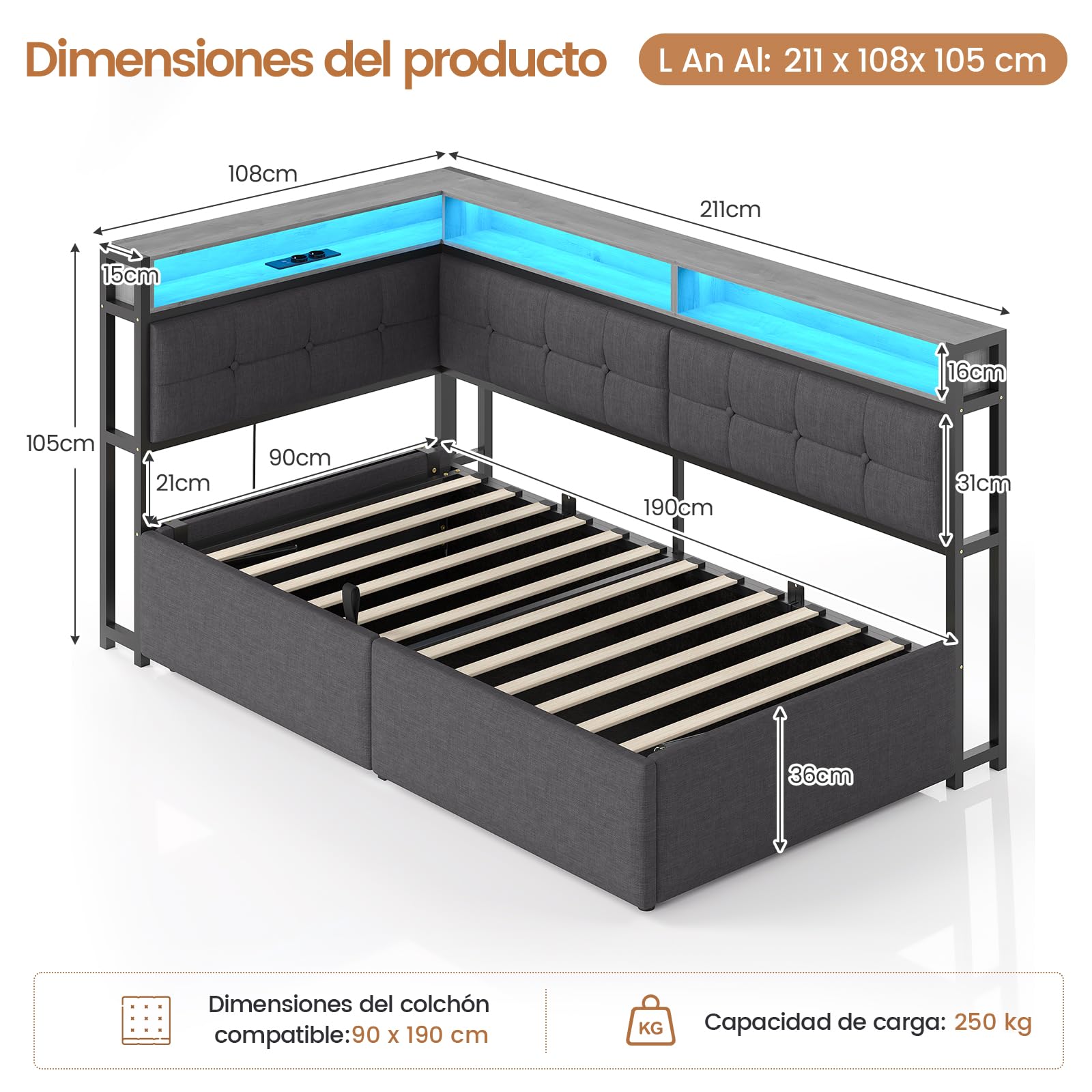 DICTAC Cama acolchada 90 x 190 cm con espacio de almacenamiento, LED y estación de carga, cama juvenil con cajón hidráulico, compartimento de almacenamiento de dos niveles, cama individual en gris