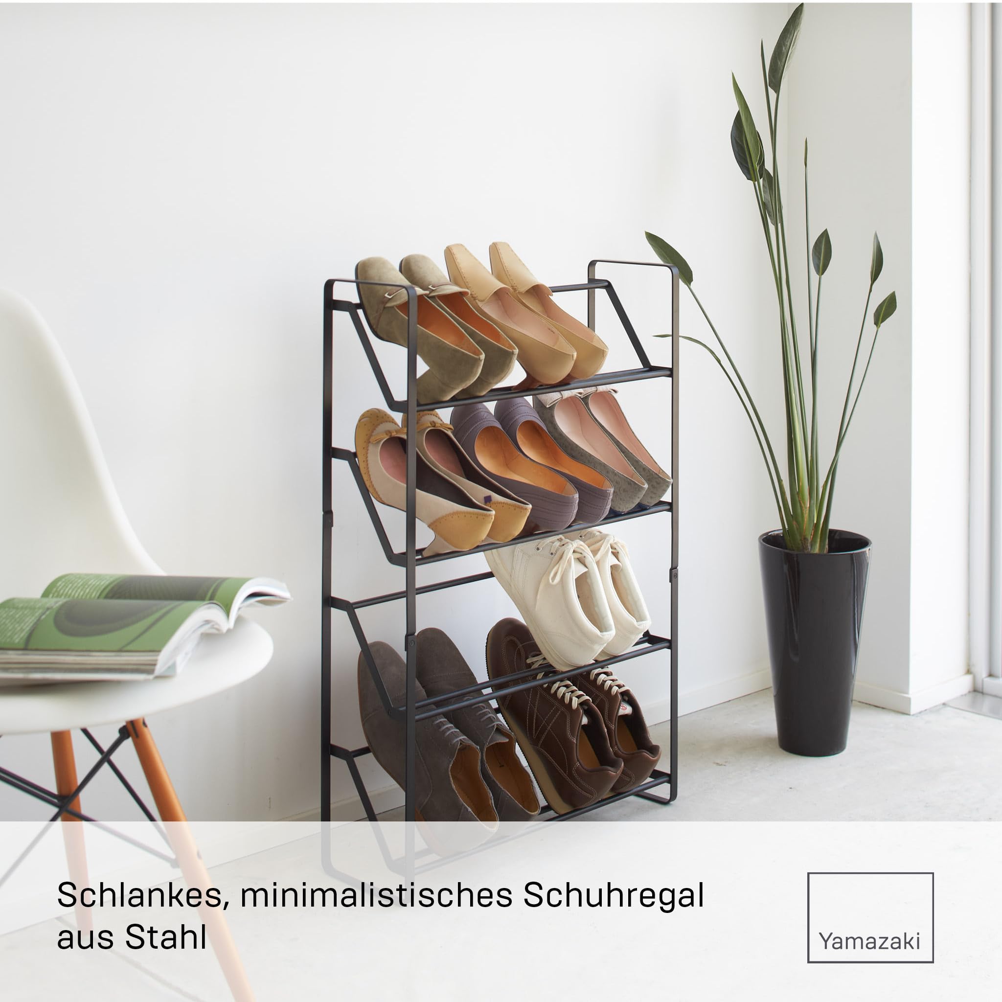 YAMAZAKI 2392 Frame 4Tiered Shoe Rack, Black, Steel, 53 x 17.5 x 80 cm