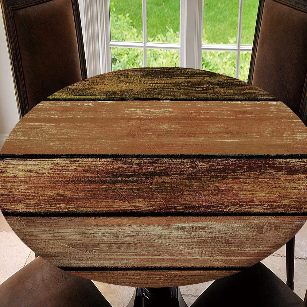 JCETUNO Round Fitted Tablecloth, Wooden Elastic Edge Vintage Table Cover for Indoor Outdoor Party Dinner Patio Decor, Tablecloth Size 60