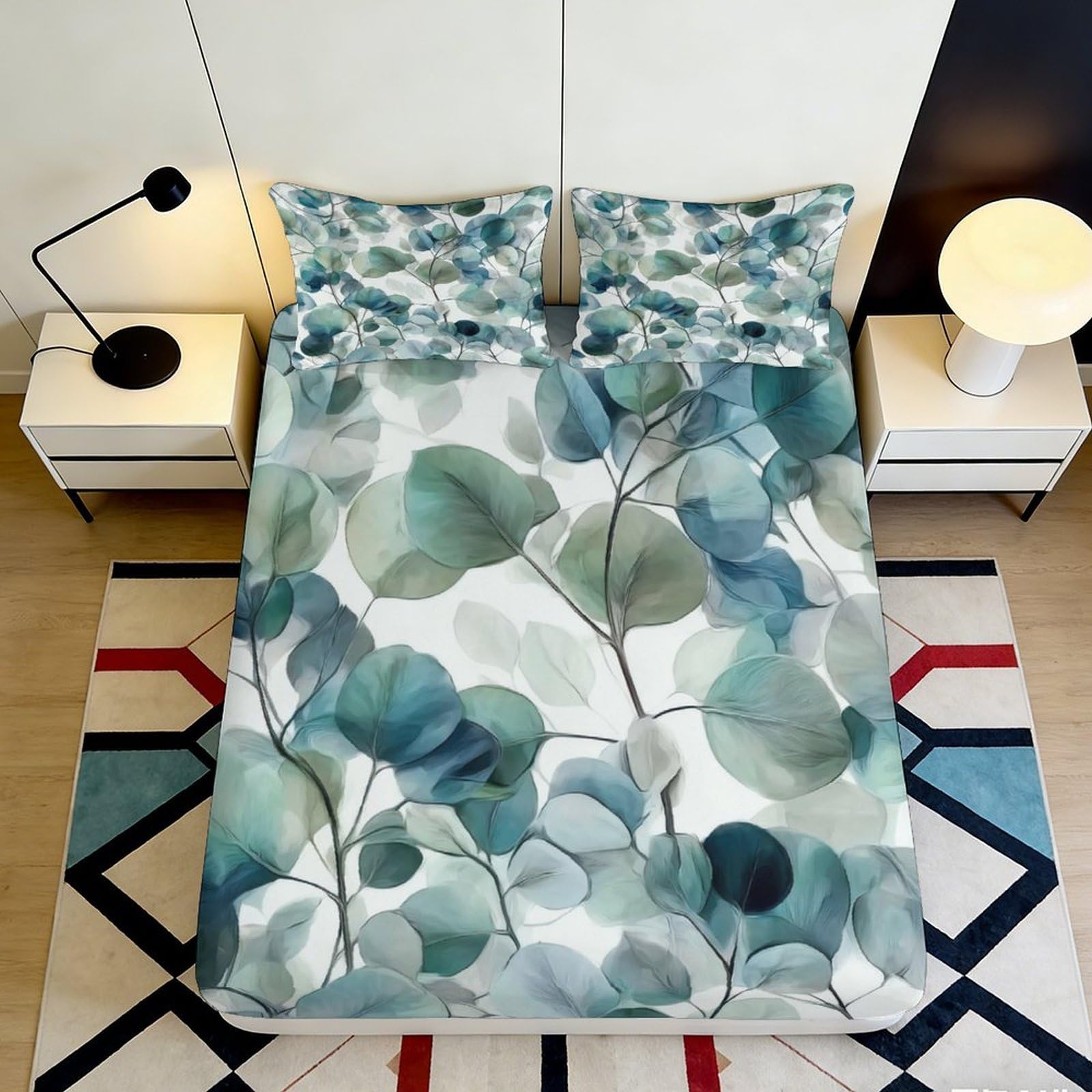 3D Printed Eucalyptus Leaves Fitted Sheet Microfiber Soft Botanical Watercolor Bed Cover for Bedroom Guest Room Decor 90x200x25cm