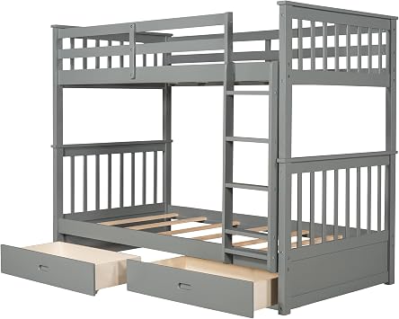 Merax Wood Bunk Bed with Drawers,Convertible Wood Bunk Bed with Ladders and Two Storage Drawers,Solid Wood Detachable Bunk Bed Frame with Ladders,Twin Over Twin Size,Grey