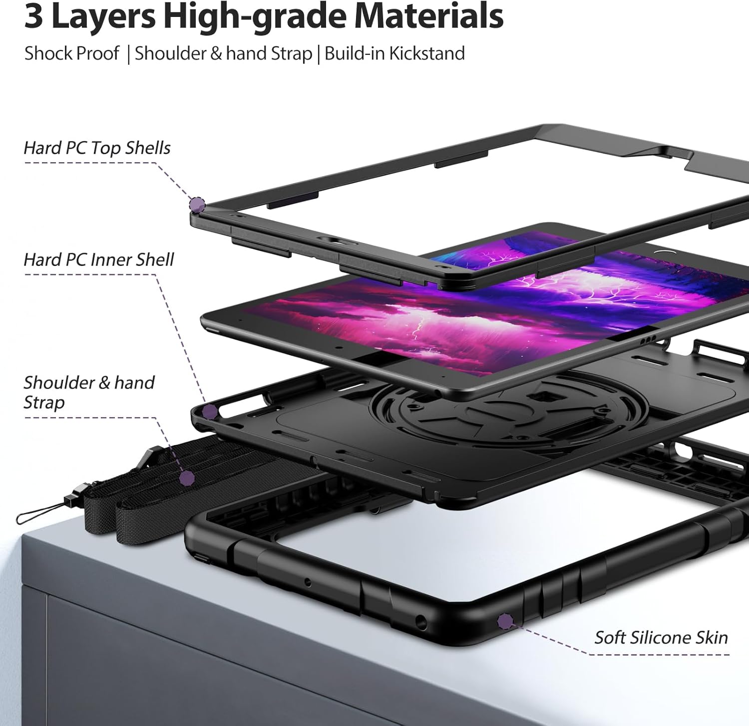 BJF for iPad 9th/8th/7th Generation case 10.2 inch,Heavy Duty Full-Body Shockproof Protective case with Pencil Holder Built-in 360° Rotating Hand Strap.2021-2019 (Black) - Image 6