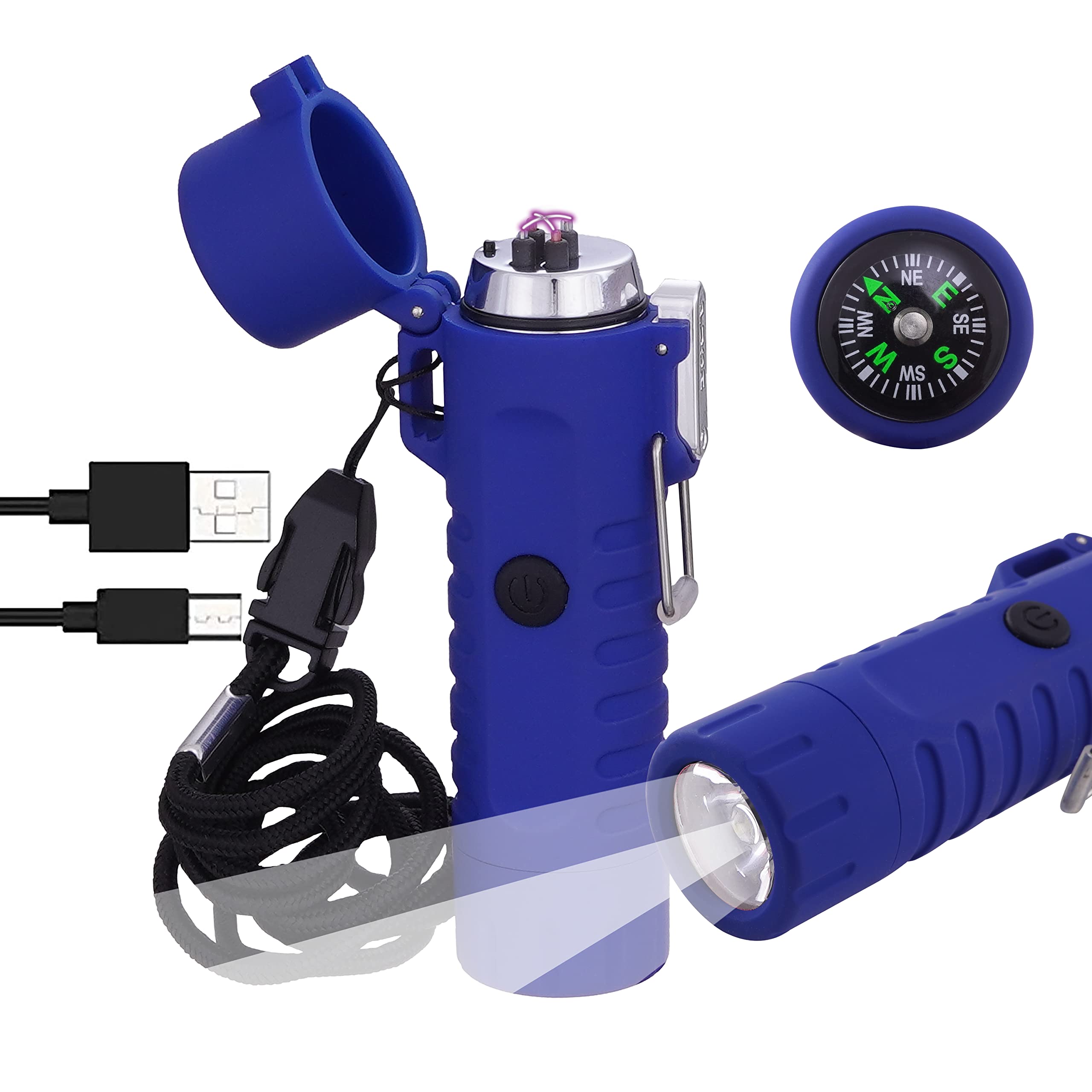 Crasts Electric.Lighter USB Rechargeable Lighter with LED Flashlight& Compass Windproof Arc GasLighter Waterproof Dual Arc Plasma GasLighter (Blue)