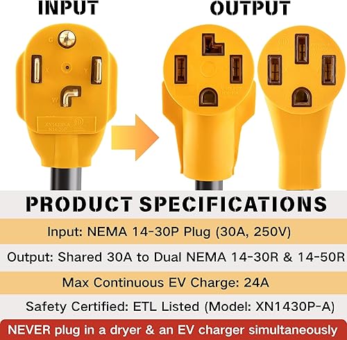 Miniatura 6 de MECMO Divisor de cargador de secadora a EV de 30 amperios de 4 clavijas para una nueva toma de secadora moderna (NEMA 14-30P a 14-50R y 14-30R), un
