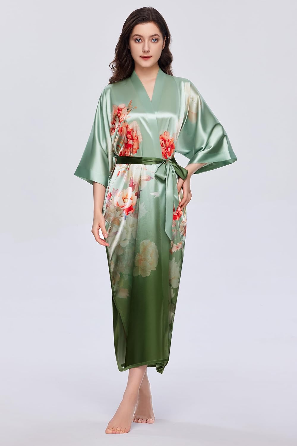 PRODESIGN Kimono Robes for Women - Long Satin Sleepwear Silky Nightgown Bathrobe Gradient Floral Dressing Gown Blouse Robe - Image 3