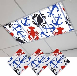 Boat Navy Anchors Fluorescent Light Covers 3 Pack Black Crabs Red Lobster Stripes Oceans Magnetic Fluorescent Ceiling Lights Filters for Office Classroom Home Drop Ceiling 4x2 Feet
