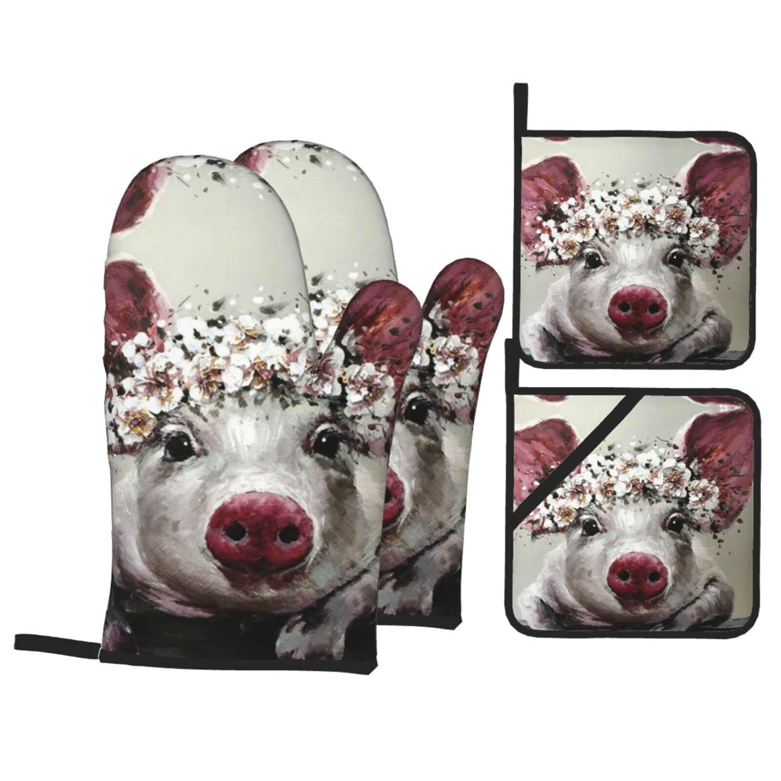 Flower Pig Oven Mitt and Pot Holder 4-Piece Set for Kitchen, Outdoor Grill, Baking