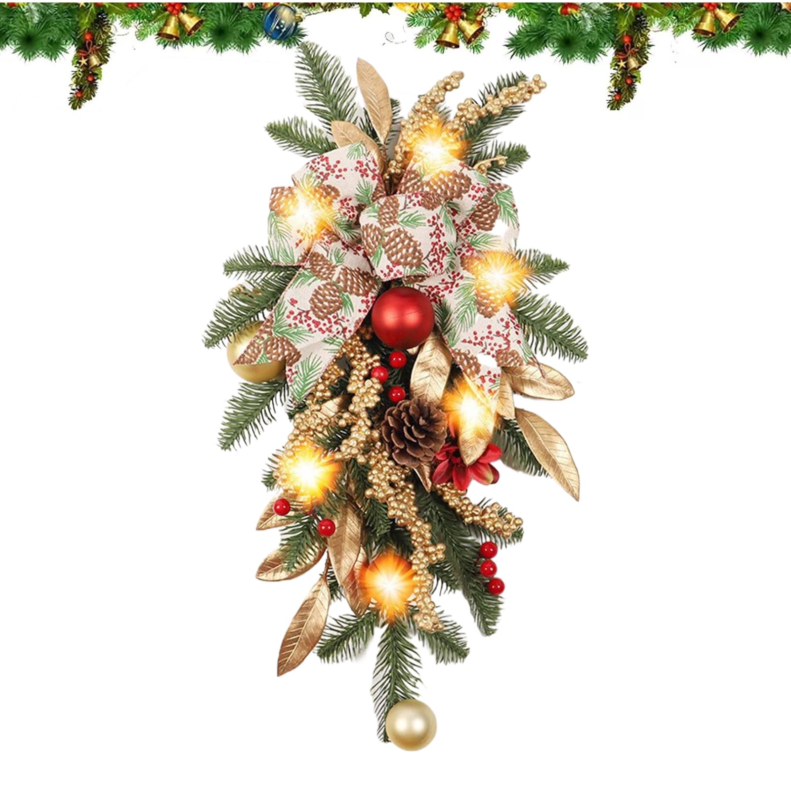 Couronnes de Noël artificielles porte d'entrée avec nœud rouge et pommes de pin naturelles