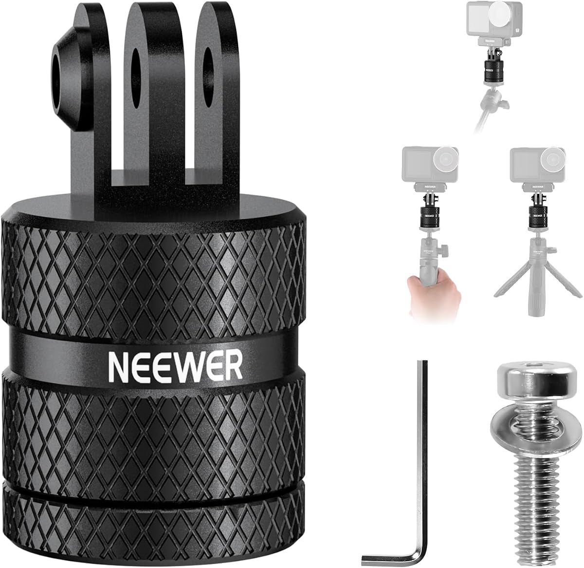 NEEWER Action Camera Tripod Mount Adapter Compatible with GoPro Hero 13 Go Pro 12 11 10 9 Black DJI Osmo Action 5 Pro 4 3, 360° Swivel 1/4"-20 to 3 Prong Mount for Standard 1/4 Accessories, GP-89