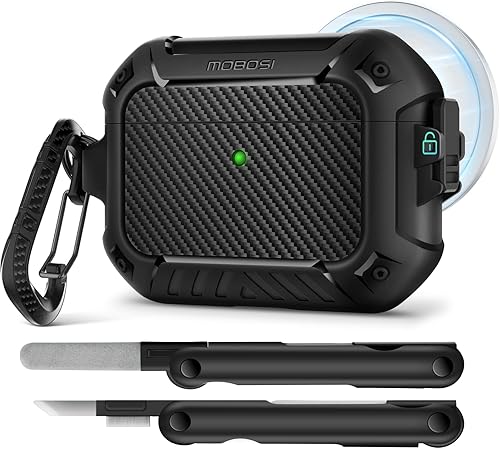 MOBOSI Funda para AirPods Pro 3, compatible con AirPods Pro de 3ª generación [compatible con MagSafe] con bloqueo, llavero y kit de limpieza,