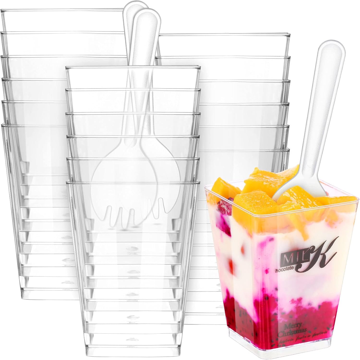 100 Pack Clear Square Plastic Dessert Cups with Spoons