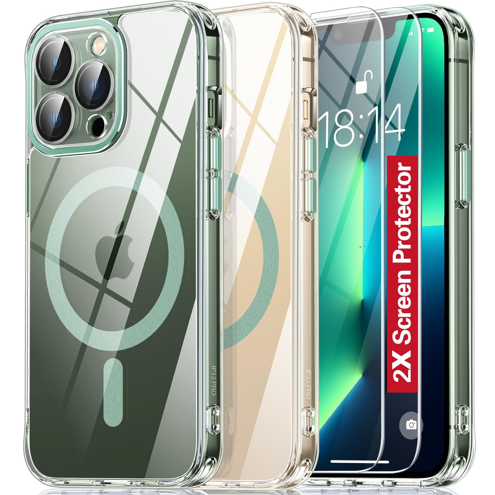 Oterkin Magnetic for iPhone 13 Pro Case Clear,[Compatible with MagSafe][Strong N52 Magnets][Anti-Yellowing] iPhone 13 Pro Phone Case with [2×Screen Protector][Full Camera Lens Protection] (HY-Green)