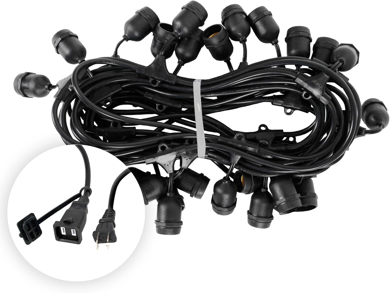 50-ft 25 Suspended Sockets E26 Commercial Patio Light Stringer, Heavy Duty Weatherproof SJTW Black Wire, 24" Spacing, 16 AWG, Cord Only