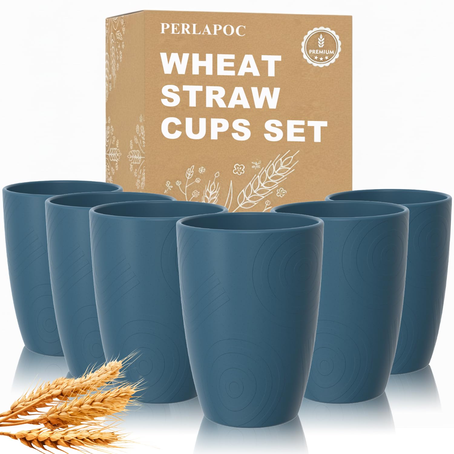 Plastic Drinking Cups Set of 6, 16 OZ Wheat Straw Cups, Dark Blue