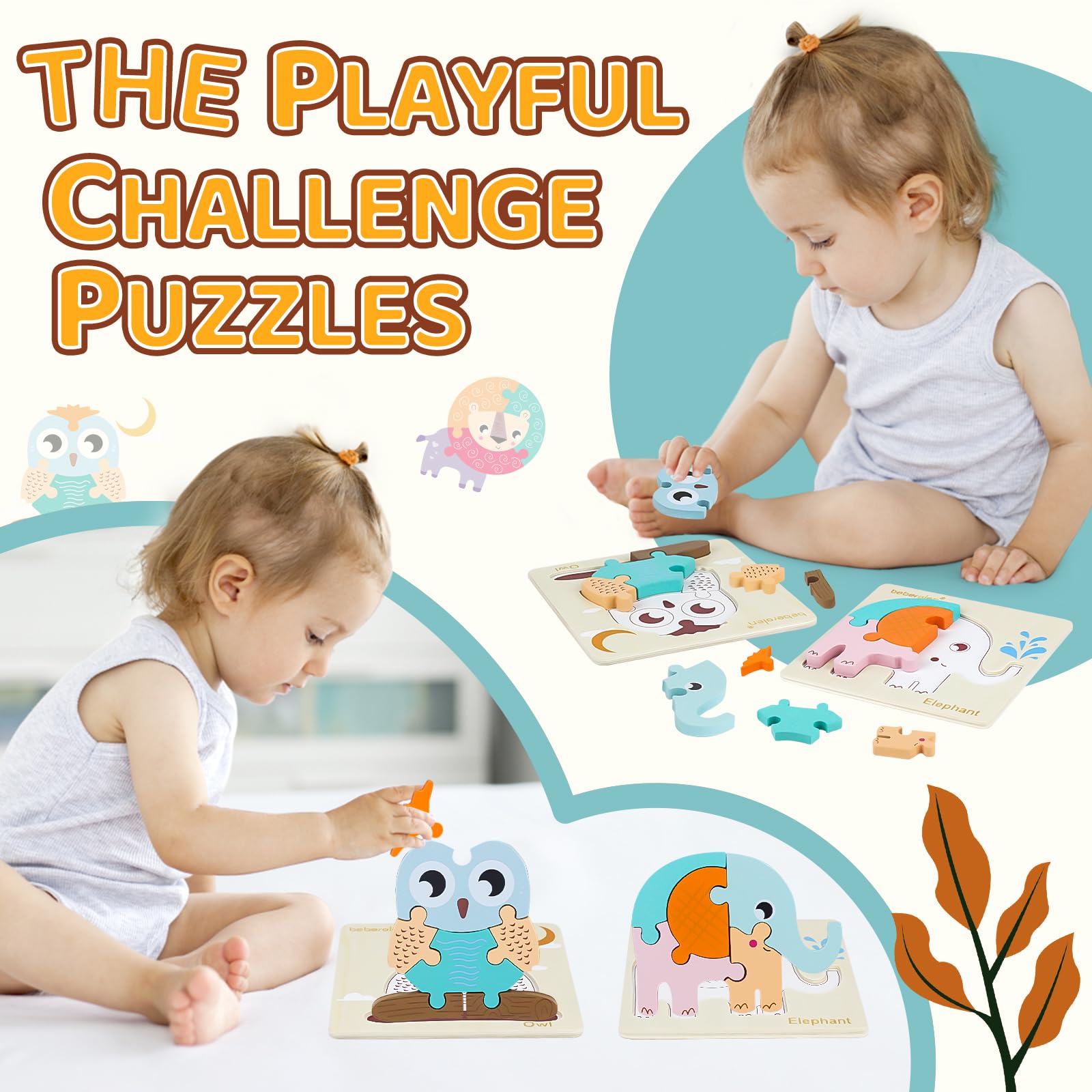 Beberolen Puzzle Legno per Bambini, Giocattoli Educativi Risveglio Montessori, Puzzle Animali 3D con Cornice, Regalo Compleanno Pasqua Halloween Natale Ragazzi Ragazze 1 2 3+ Anni