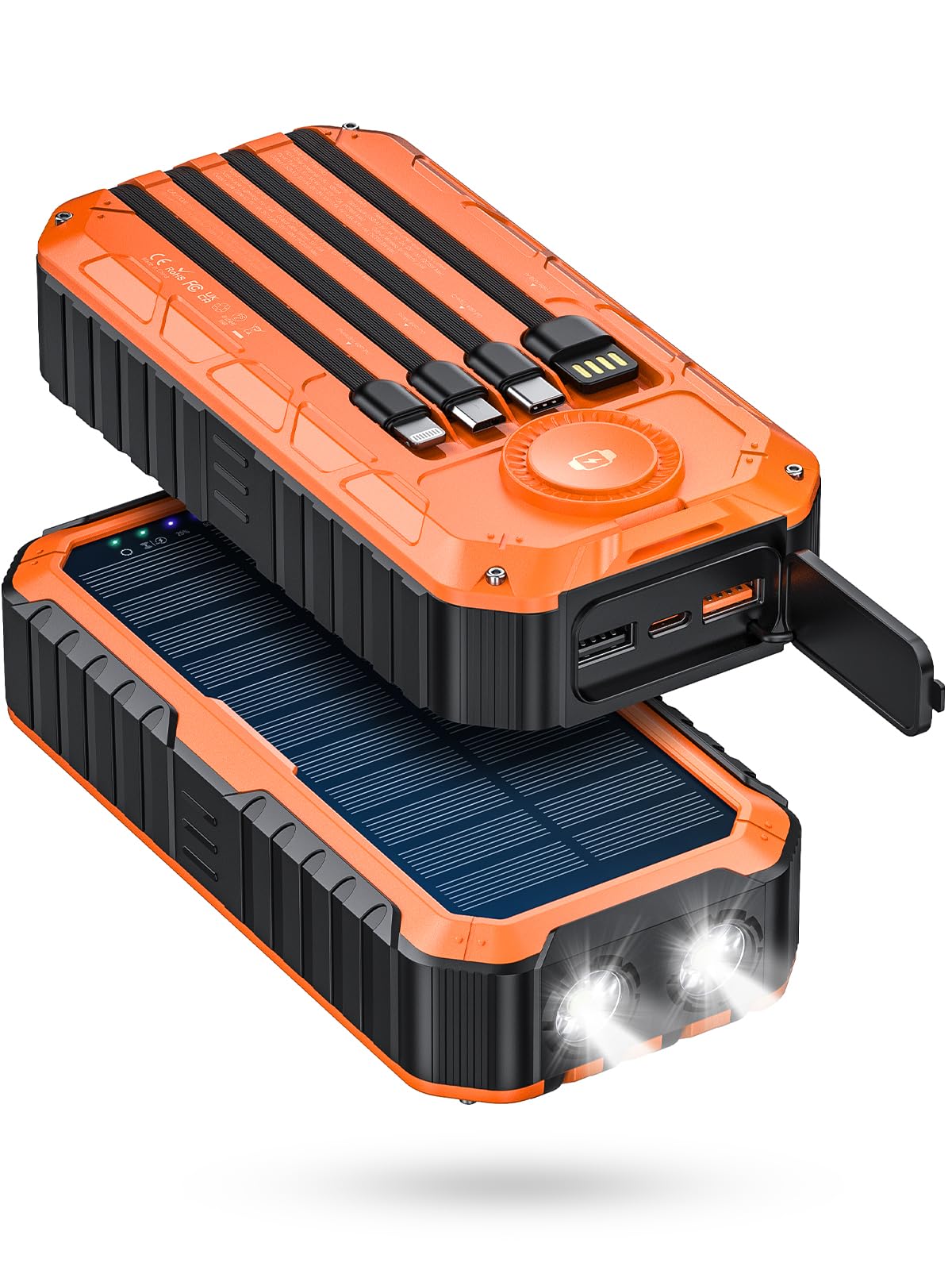 Solar Power Bank, 40000mAh Portable Charger 20W Fast Charging External Battery Pack Built in 4 Cables, Wireless Charging Power Bank for Apple Watches with Bright Flashlight and Carabiner