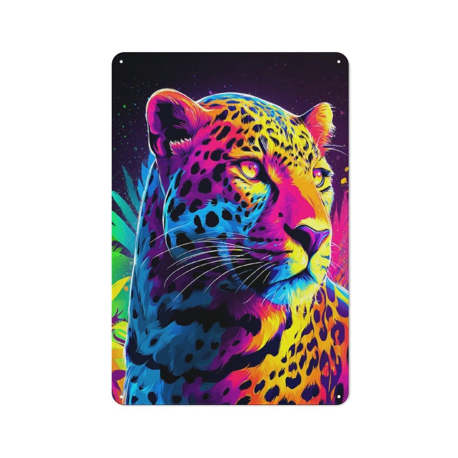 Junmoney Neon Leopard Vibrant Artwork Warehouse Style Tin Wall Sign 30X20cm Featuring Loft Wall Plaque For Loft, Studio, Office Or Creative Room