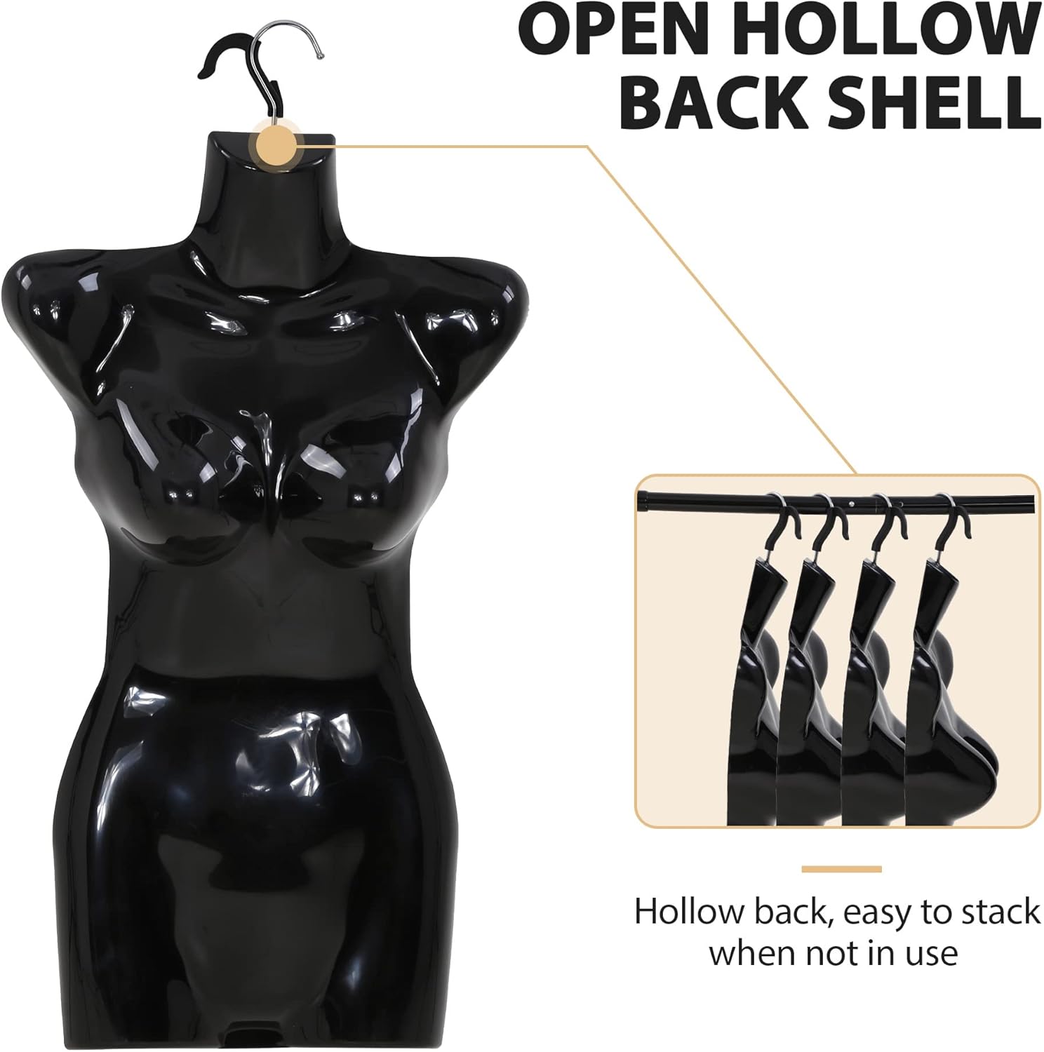 4-Packs Female Mannequin Body Set, 27 inches Height Hanging Mannequin Torso with Hook Plastic Half Dress Form for Clothing, Accessories, Shirt Display (Black)