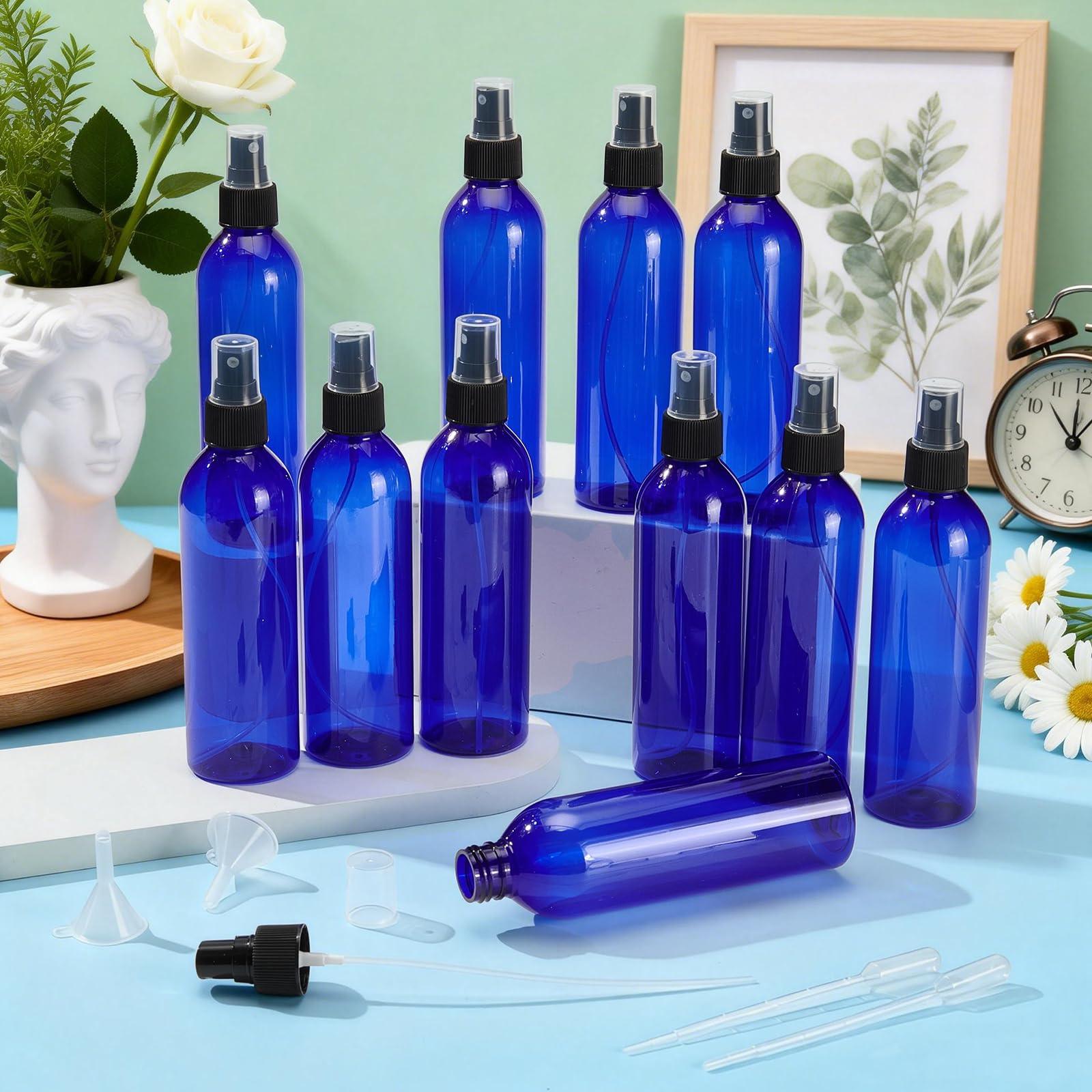 36 flacon Pulvérisateur de 250 ml Flacons Pulvérisateurs en Plastique avec Bouchons Vaporisateur à Brume Rechargeable Flacons Nettoyants à Brume Fine pour Cheveux Huiles Essentielles (Bleu)