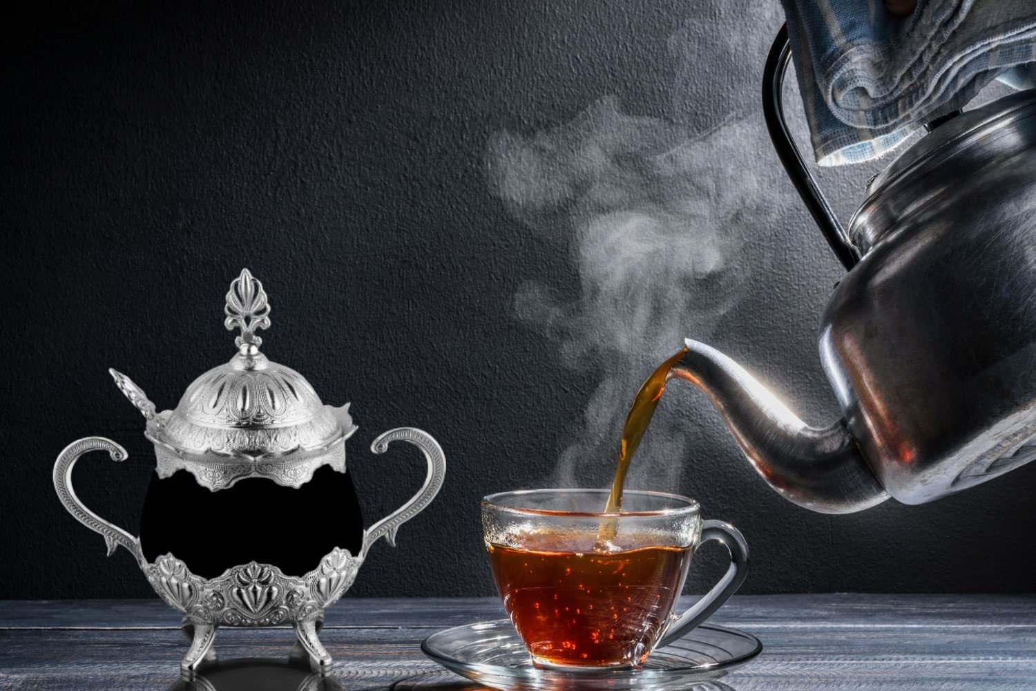 LaModaHome Silver Sugar Bowl with Lid and Spoon for Home, Kitchen and Wedding Party, Delight and Chocolate Serving, Stylish Design for Cube and Powder Sugar - Black