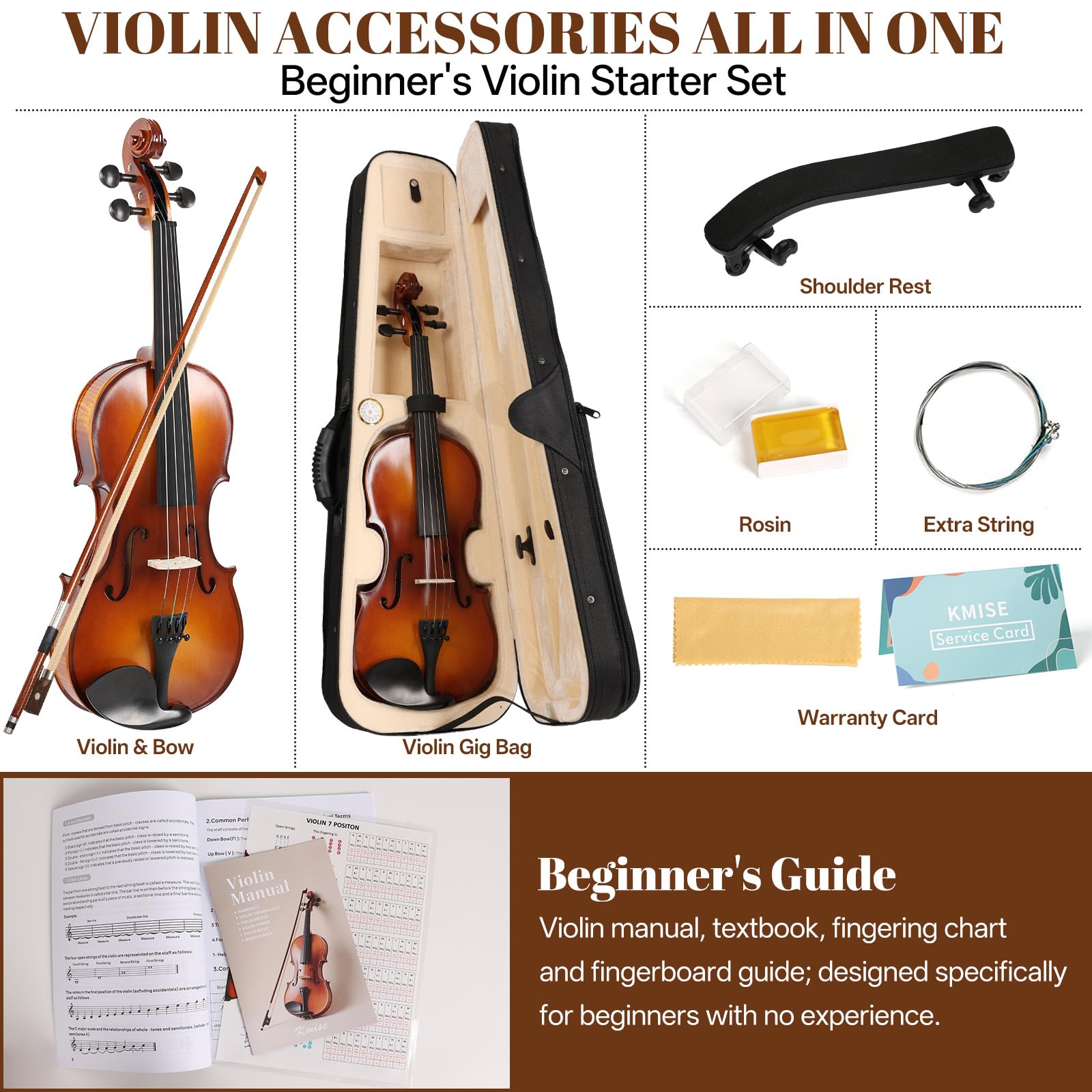 Kmise Violine 4/4 Full Size Starter Kit für Schüler Anfänger Erwachsene Tiger Flame Akustisches Geigen-Set mit Hartschalenkoffer, Bogen, Kolophonium, extra Saiten, Schulterstütze, Guide & Chart