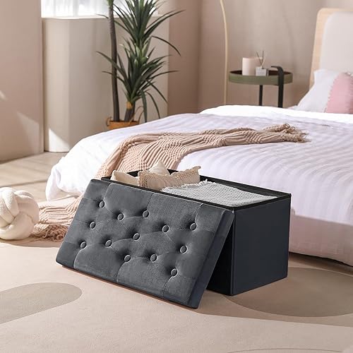 Miniatura 59 de PRANDOM Otomana con almacenamiento [1 unidad] Taburete cuadrado pequeño de terciopelo plegable con tapa para sala de estar, dormitorio, mesa de
