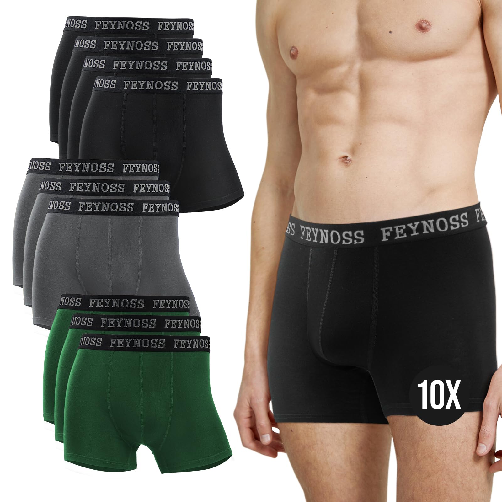 feynoss Boxershorts Herren 10er Pack - Atmungsaktive Männer Unterwäsche, Retroshorts Unterhosen Männer, XL für Fahrrad Fahren, Ball Sports