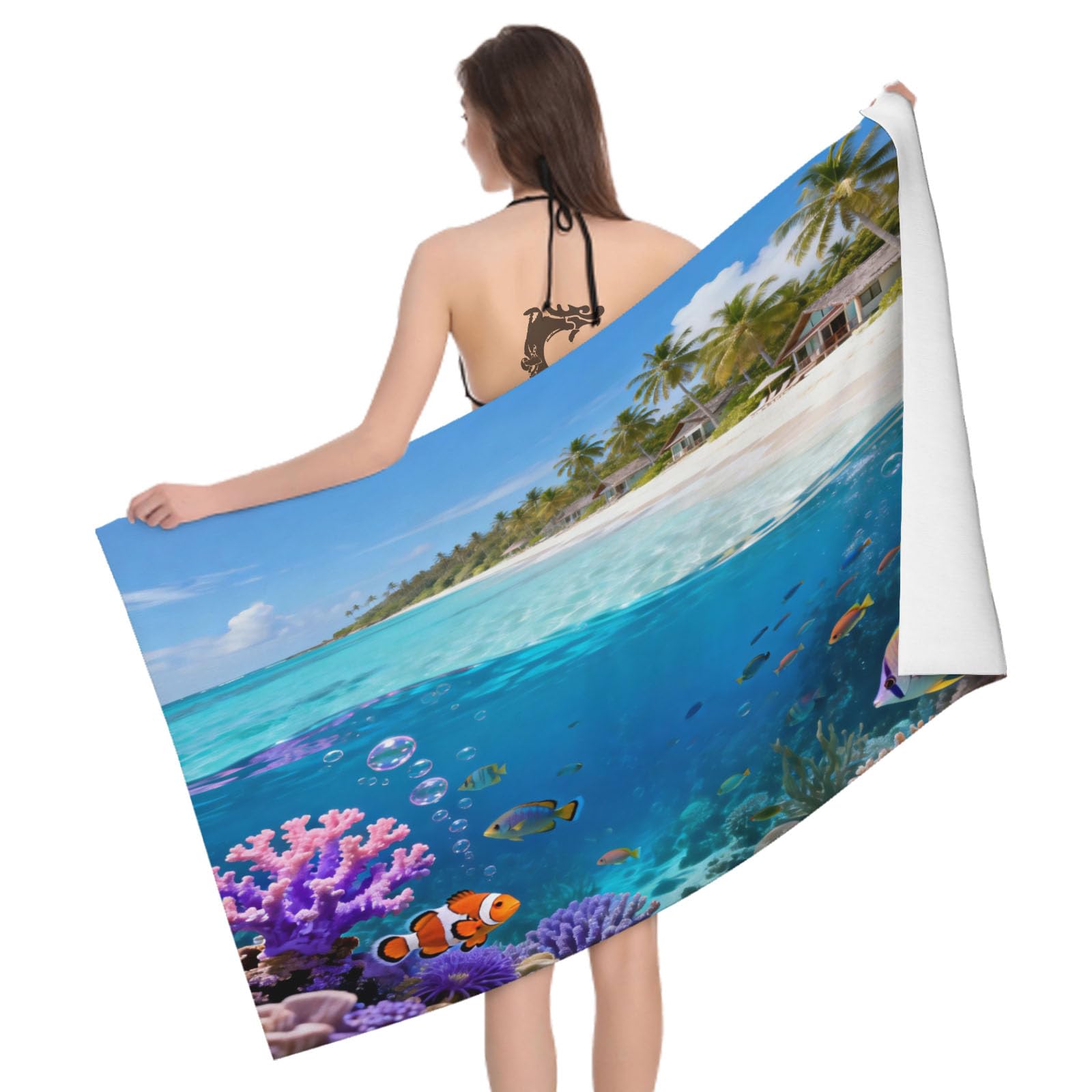 Leichong 3D Tropical Island Beach Towel Microfiber Soft Quick Dry for Adults, the Underwater World Bath Towel Lightweight Soft Absorbent for Travel Swimming Pool Sports, 75 x 150 cm