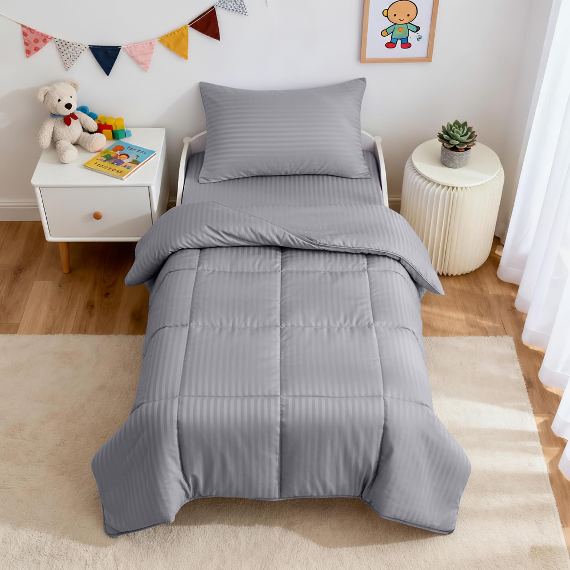 ZPECC Juego de ropa de cama para niños pequeños, juego de ropa de cama suave de 4 piezas para cuna, incluye edredón para niños, sábana encimera, sábana bajera y funda de almohada, rayas grises