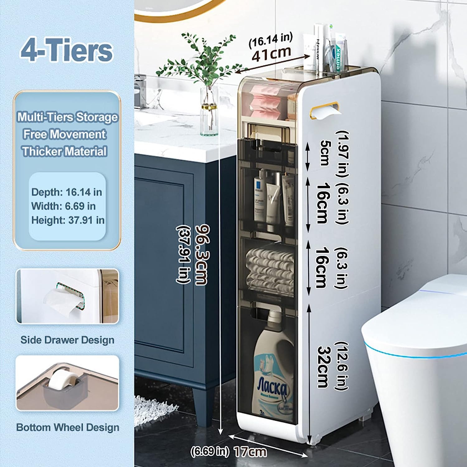 Armadietto da Pavimento per Bagno a 4 Livelli Organizer per Asciugamani Stretto e Sottile unità angolare Laterale con cassetti Trasparenti e rotelle per Cucina minuscola Lavanderia