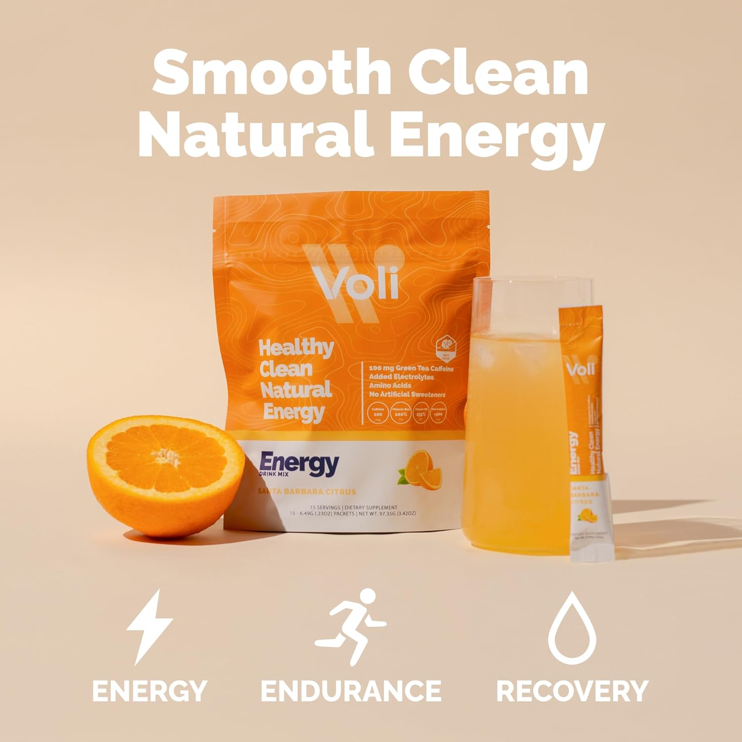 Voli Energy Drink Mix Packets | Natural Pre-Workout Powder with Green Tea Caffeine & B Vitamins, Amino Acids & Electrolytes for Sustained Focus, Hydration & Clean Energy | No Added Sugar, 15-Count - Image 2