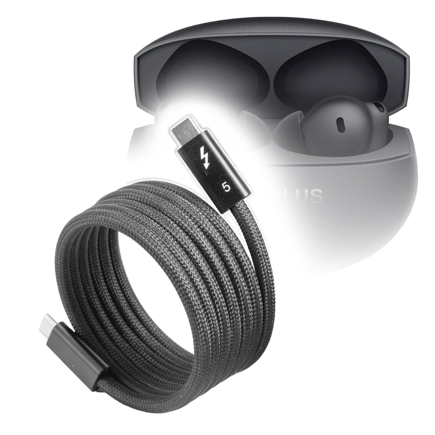 BoxWave Cable Compatible with OnePlus Buds 4 Wireless Earbuds - SnapWrap Thunderbolt 5.0 Cable (5ft 240W), Magnetic Self-Coiling Nylon Braided Retractable - Jet Black