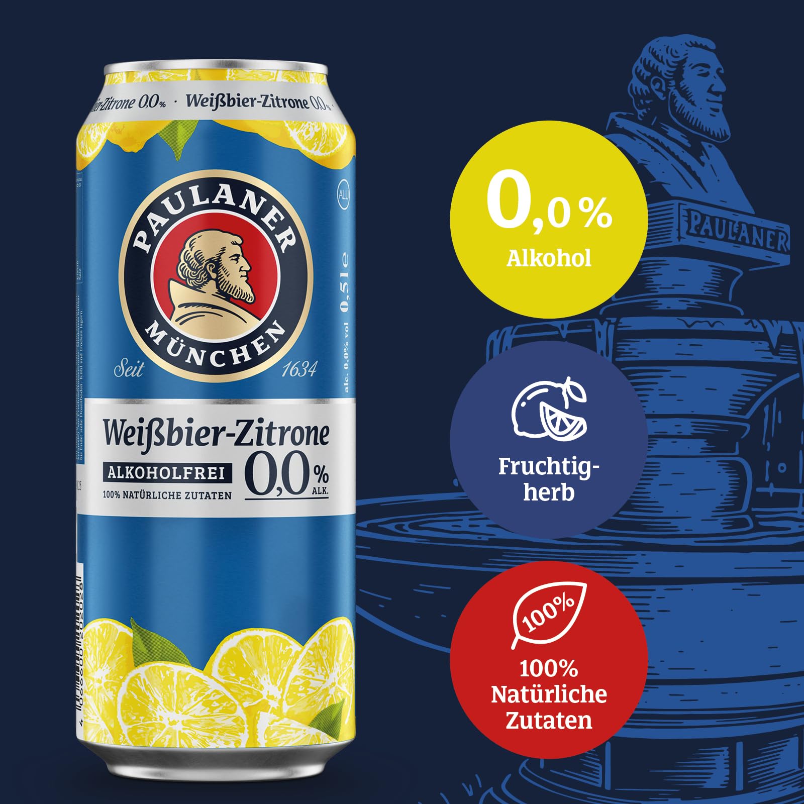 Paulaner Weißbier-Zitrone Alkoholfrei 0,0%• erfrischend-fruchtig•EINWEG(24x0,5l)