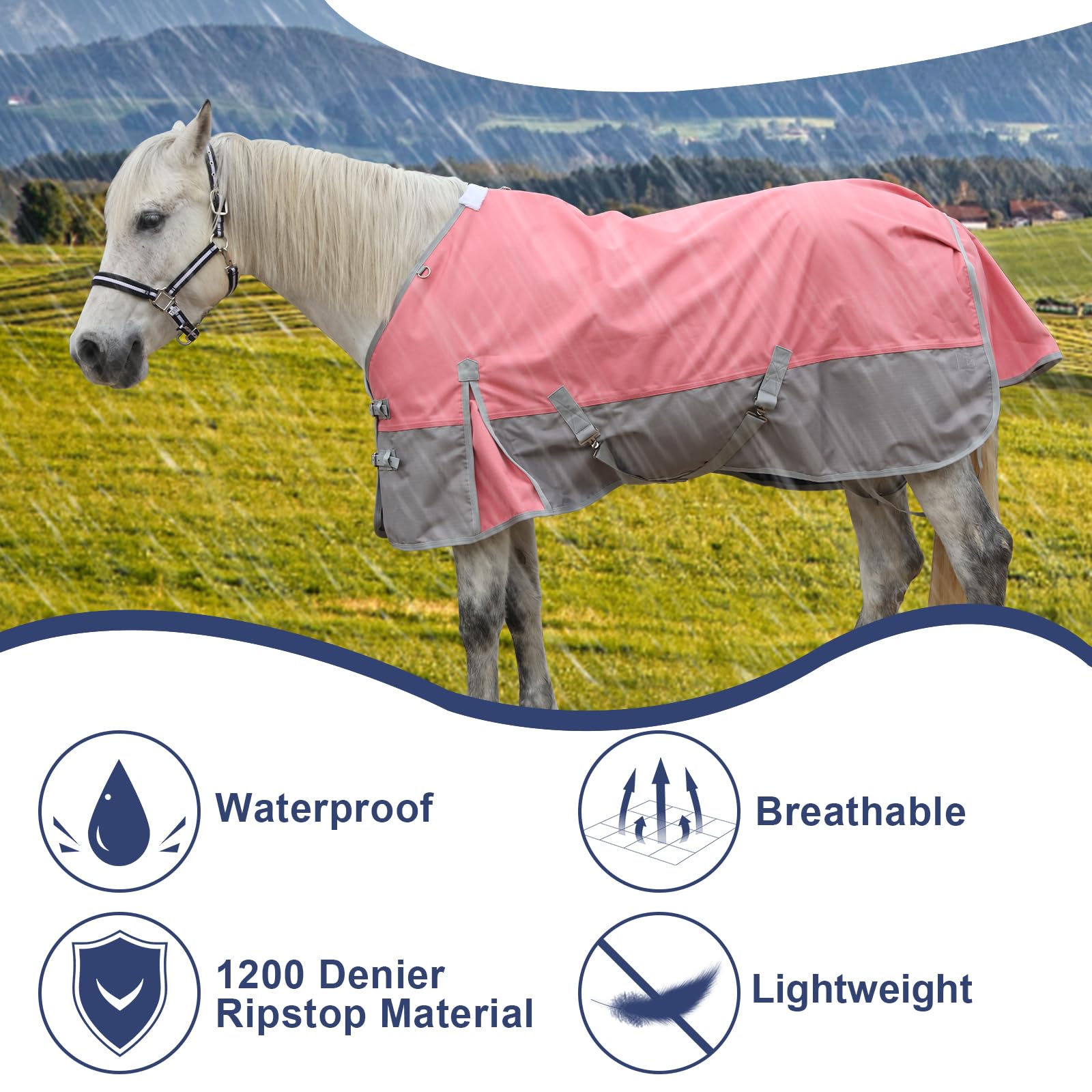 Gallopoff 1200D Ripstop Lightweight No-Fill Turnout Horse Rug, Waterproof & Breathable Standard Neck Outdoor Rain Sheet Pink Grey, 6'6" - Image 3
